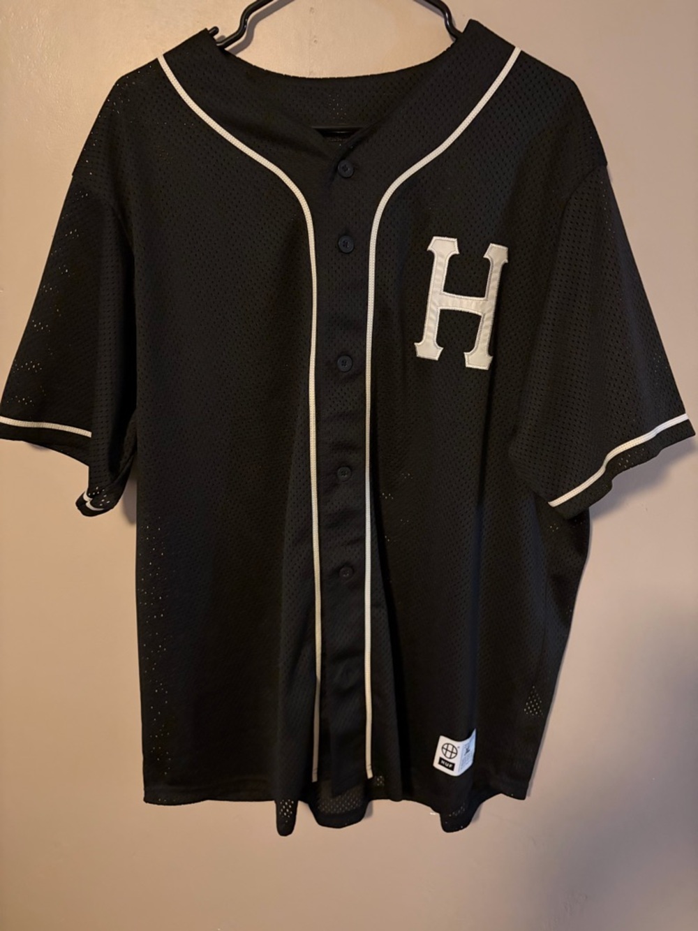 HUF Black Mesh Button-Up Jersey with White Patch